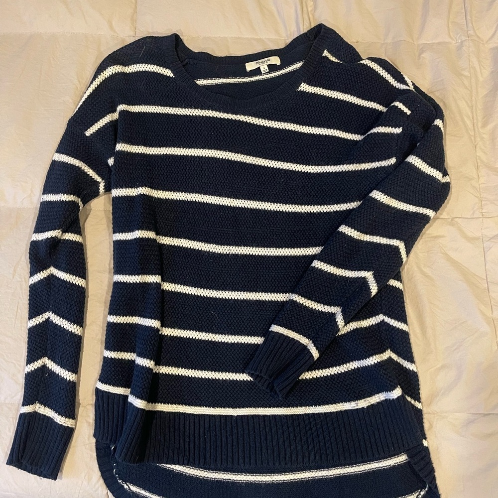 Blue and White Crew Neck Striped Sweater